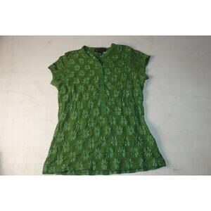 INC International Women's Green Cap Sleeve Top MEDIUM Snap Front Embroidered